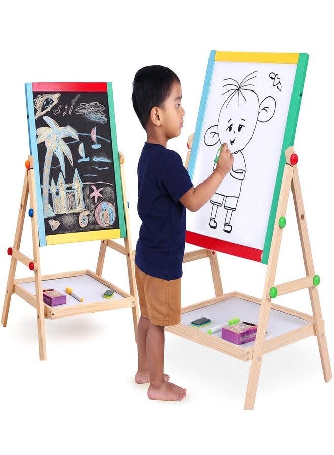 ABOUT SPACE Kids Board for Writing - Magnetic Black and White Board with Marker, Duster & Chalk | Portable & Adjustable with Stand | Double Sided Wooden Easel for Kids (37 x 88 cm) - Image 1